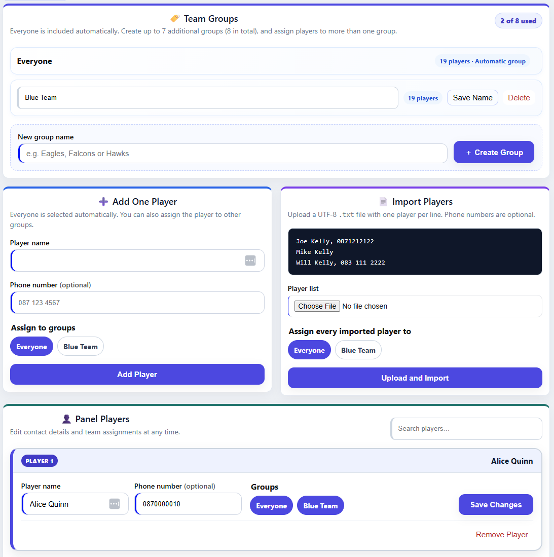 Player Management screen showing team groups, player import and panel details