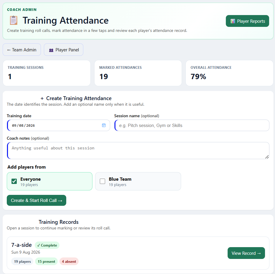Training Attendance dashboard showing session creation, attendance totals and training records